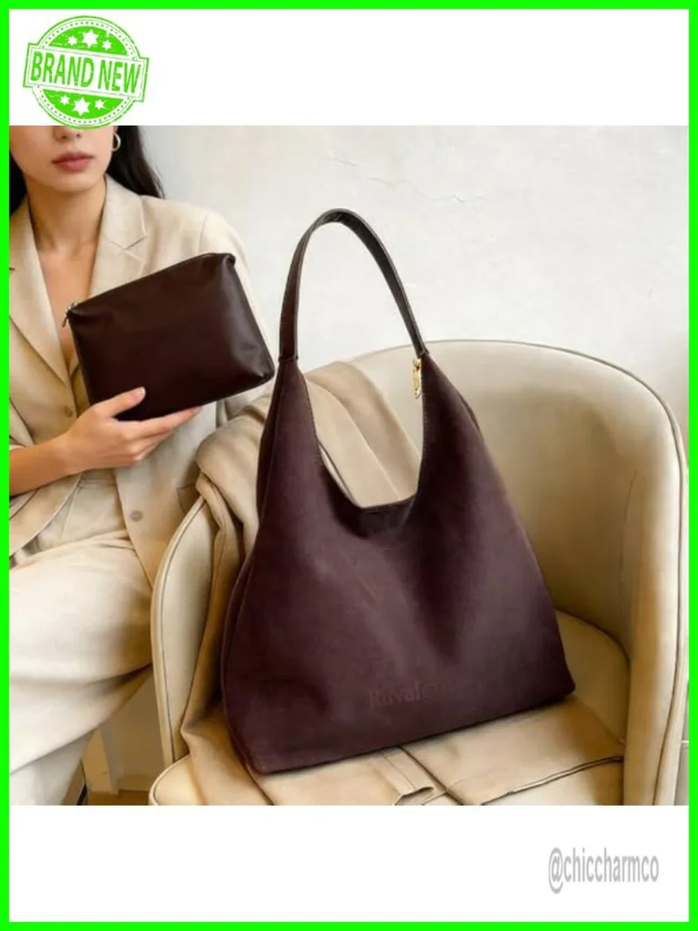 Faux Suede Slouchy Hobo Shoulder Bag Tote with Zipper